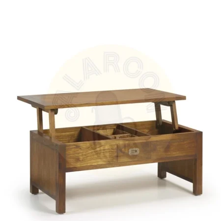 Mesa de centro con tapa elevable en madera de mindi con dos cajones y accesorios de bronce 110x56x45cm - Moycor - 30318MYC - foto-secundaria-1