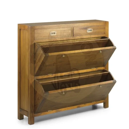 Zapatero en madera de mindi con accesorios de bronce 2 cajones y 2 puertas abatibles con separador removible 100x30x100cm - Moycor - 30601MYC - foto-secundaria-1