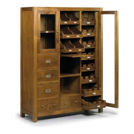 Bufet en mindi con botellero 7 cajones extraíbles 2 puertas de cristal y accesorios de bronce 120x40x155cm - Moycor - 30804MYC - foto-blanco
