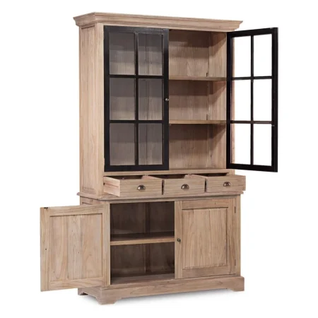 Vitrina en mindi madera maciza accesorios de bronce 3 cajones 2 puertas de cristal con 2 estantes 2 puertas de madera con 1 estante acabado rústico 47x215cm - Moycor - 316004MYC - foto-blanco