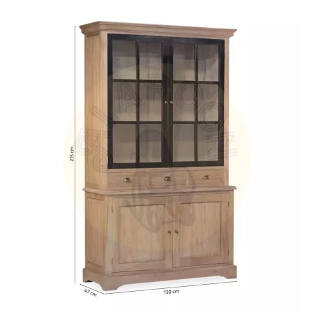 Vitrina en mindi madera maciza accesorios de bronce 3 cajones 2 puertas de cristal con 2 estantes 2 puertas de madera con 1 estante acabado rústico 47x215cm - Moycor - 316004MYC - foto-medidas