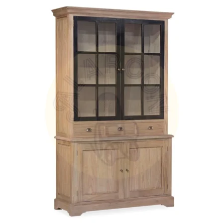 Vitrina en mindi madera maciza accesorios de bronce 3 cajones 2 puertas de cristal con 2 estantes 2 puertas de madera con 1 estante acabado rústico 47x215cm - Moycor - 316004MYC - foto-secundaria-1