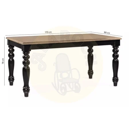 Mesa de comedor en madera de mindi acabado rústico patas torneadas negras 170x90x78cm - Moycor - 316006MYC - foto-medidas