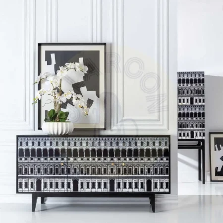 Aparador madera de abeto negro y blanco 3 huecos con puertas patas 18cm - Ixia 150x50x75.50cm - Ixia - 601447IX - foto-secundaria-8