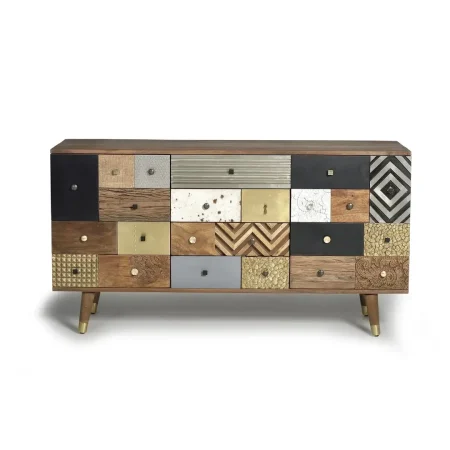 Aparador Mumbai en madera de mango con frontales artesanales 2 puertas 4 cajones patas 19cm 150x40x80cm - Giner y Colomer - 6042GYC - foto-blanco