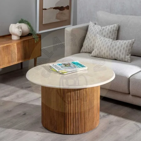 Mesa de centro natural crema en mármol y madera de mango 76x76x45cm - Ixia - 607490IX - foto-secundaria-7