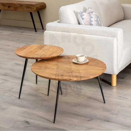 Juego de 2 mesas de centro en madera de acacia y metal acabado natural 70x70x40cm - Ixia - 608747IX - foto-secundaria-8