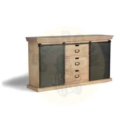 Aparador industrial de madera de mango y metal acabado natural 3 cajones y 2 puertas correderas gris oscuro 160x40x85cm - Giner y Colomer - 6088GYC - foto-secundaria-1