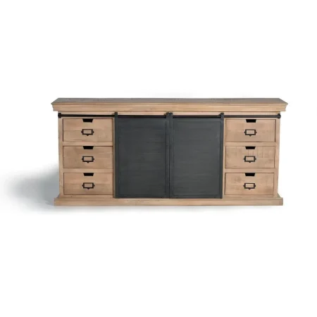 Aparador industrial en madera de mango y metal con 6 cajones y 2 puertas correderas gris oscuro envejecido 190x40x85cm - Giner y Colomer - 6089GYC - foto-blanco