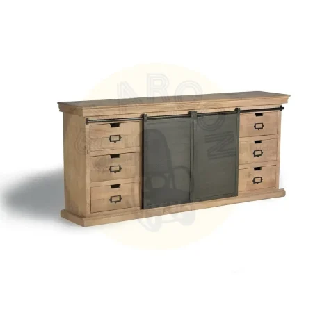 Aparador industrial en madera de mango y metal con 6 cajones y 2 puertas correderas gris oscuro envejecido 190x40x85cm - Giner y Colomer - 6089GYC - foto-secundaria-1