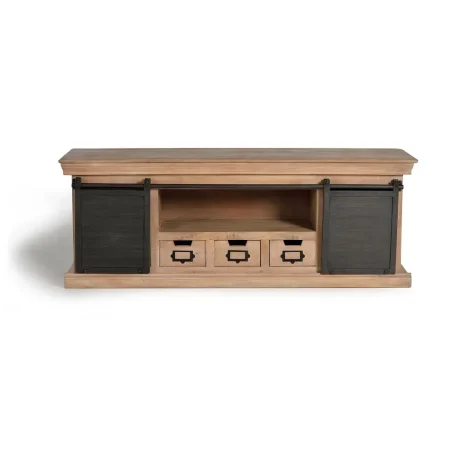 Mueble TV industrial en madera de mango y metal 3 cajones 2 puertas correderas acabado gris oscuro envejecido 150x40x55cm - Giner y Colomer - 6090GYC - foto-blanco