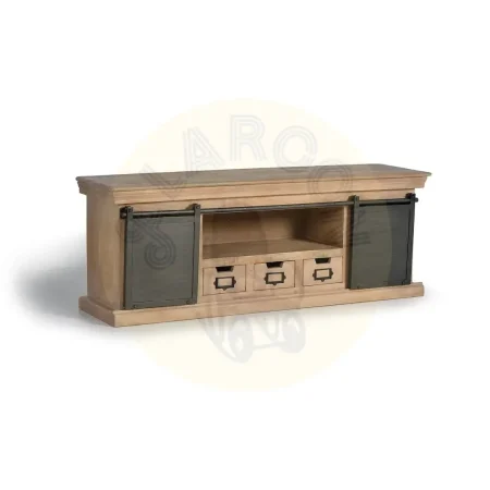 Mueble TV industrial en madera de mango y metal 3 cajones 2 puertas correderas acabado gris oscuro envejecido 150x40x55cm - Giner y Colomer - 6090GYC - foto-secundaria-1