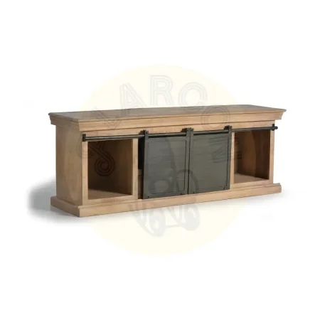 Mueble TV industrial en madera de mango y metal 3 cajones 2 puertas correderas acabado gris oscuro envejecido 150x40x55cm - Giner y Colomer - 6090GYC - foto-secundaria-2
