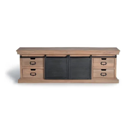 Mueble de TV Industrial en madera de mango y metal con 4 cajones y 2 puertas correderas en gris oscuro envejecido 170x40x55cm - Giner y Colomer - 6091GYC - foto-blanco