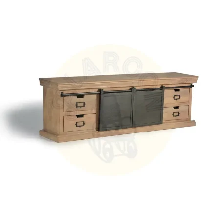 Mueble de TV Industrial en madera de mango y metal con 4 cajones y 2 puertas correderas en gris oscuro envejecido 170x40x55cm - Giner y Colomer - 6091GYC - foto-secundaria-1