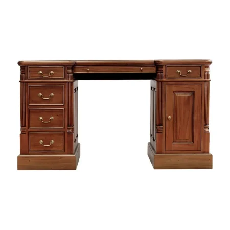 Escritorio victoriano en madera maciza de caoba con acabado en polipiel sobre tablero y accesorios de bronce seis cajones una puerta y estante interior 140x70x78cm - Moycor - 6110201MYC - foto-blanco