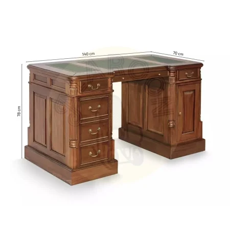 Escritorio victoriano en madera maciza de caoba con acabado en polipiel sobre tablero y accesorios de bronce seis cajones una puerta y estante interior 140x70x78cm - Moycor - 6110201MYC - foto-medidas