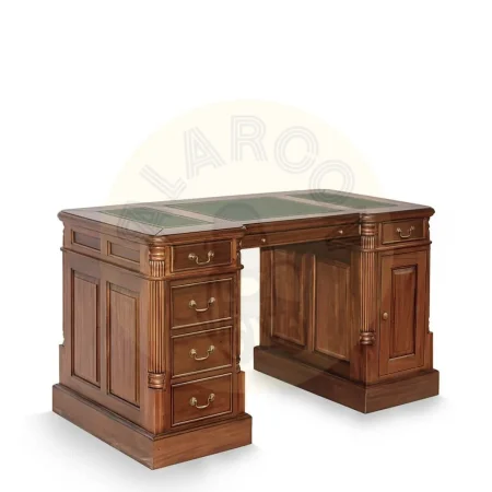 Escritorio victoriano en madera maciza de caoba con acabado en polipiel sobre tablero y accesorios de bronce seis cajones una puerta y estante interior 140x70x78cm - Moycor - 6110201MYC - foto-secundaria-1