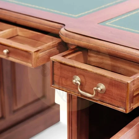 Escritorio victoriano en madera maciza de caoba con acabado en polipiel sobre tablero y accesorios de bronce seis cajones una puerta y estante interior 140x70x78cm - Moycor - 6110201MYC - foto-secundaria-4