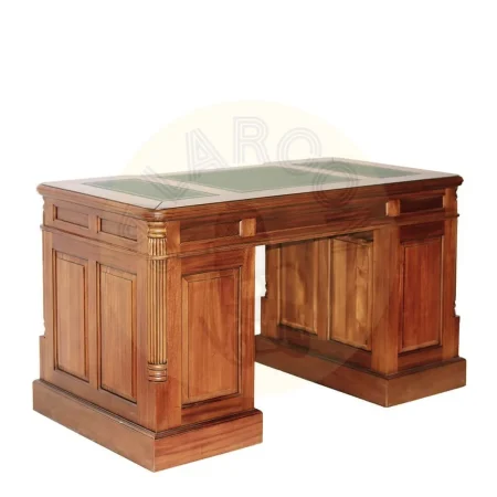Escritorio victoriano en madera maciza de caoba con acabado en polipiel sobre tablero y accesorios de bronce seis cajones una puerta y estante interior 140x70x78cm - Moycor - 6110201MYC - foto-secundaria-5