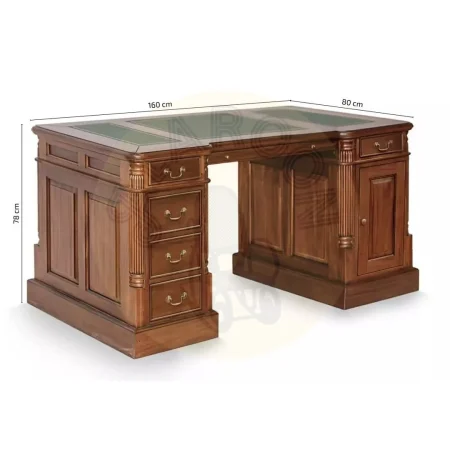 Escritorio victoriano artesanal de caoba maciza con accesorios de bronce tablero en polipiel seis cajones una puerta y estante interior 160x80x78cm - Moycor - 6110202MYC - foto-medidas