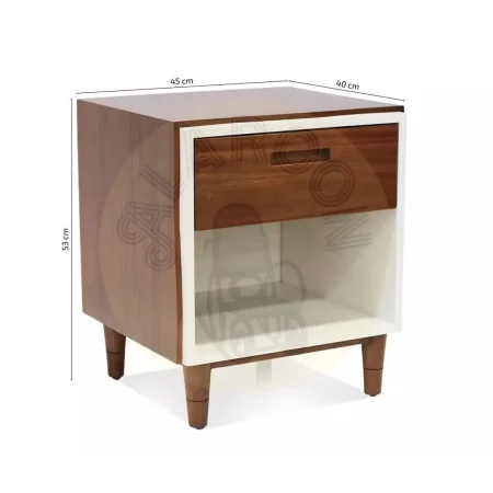 Mesita de noche en madera maciza de caoba con cajón con hendidura integrada y hueco blanco enmarcado por delicado borde 45x40x53cm - Moycor - 6110702MYC - foto-medidas