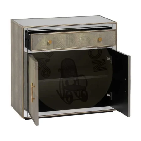 Mueble recibidor con espejo en DM y cristal con detalles en símil piel acabado gris plata 81x41x76.50cm - Ixia - 611486IX - foto-secundaria-1