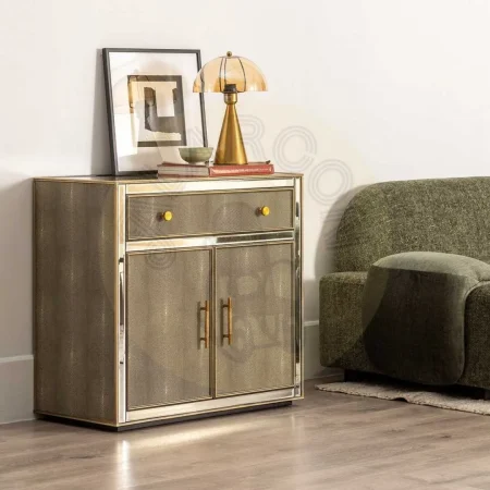 Mueble recibidor con espejo en DM y cristal con detalles en símil piel acabado gris plata 81x41x76.50cm - Ixia - 611486IX - foto-secundaria-10