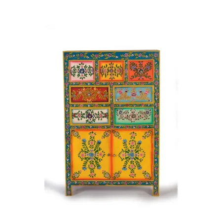 Cómoda Vesal de madera de mango 7 cajones 2 puertas acabado multicolor con detalles pintados a mano 80x40x122cm - Giner y Colomer - 6119GYC - foto-blanco