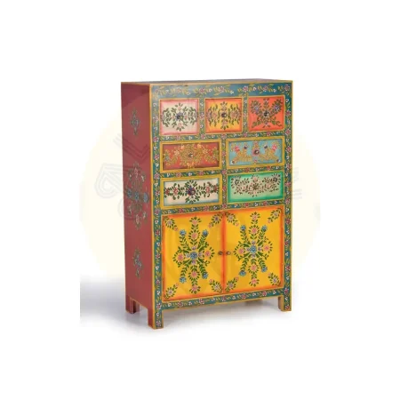 Cómoda Vesal de madera de mango 7 cajones 2 puertas acabado multicolor con detalles pintados a mano 80x40x122cm - Giner y Colomer - 6119GYC - foto-secundaria-1