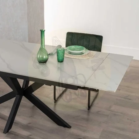 Mesa extensible blanco y negro con tablero cerámico imitación mármol y patas de metal 170x90x76cm - Ixia - 612347IX - foto-secundaria-10