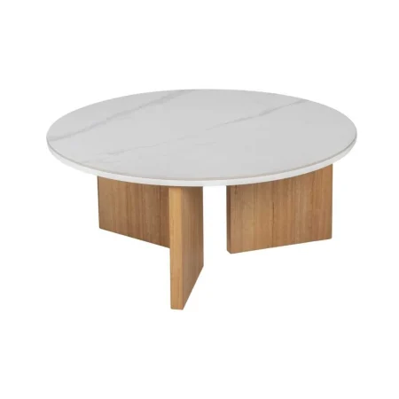 Mesa de centro blanco natural con sobre cerámico efecto mármol y patas de metal 80x80x35cm - Ixia - 612356IX - foto-blanco