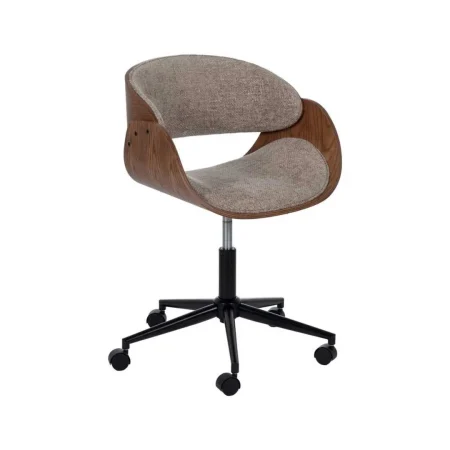 Silla con ruedas giratoria 360º tapizada en tejido beige y marrón respaldo madera nogal patas negras regulable en altura 45-57cm 59x64x88cm - Ixia - 612638IX - foto-blanco