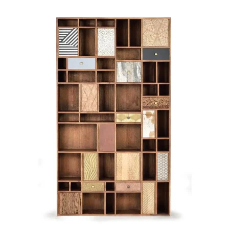 Librería Mumbai en madera de mango nogal claro 11 puertas 7 cajones detalles en bronce y acabados diversos 115x30x200cm - Giner y Colomer - 6128GYC - foto-blanco