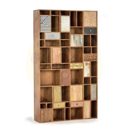 Librería Mumbai en madera de mango nogal claro 11 puertas 7 cajones detalles en bronce y acabados diversos 115x30x200cm - Giner y Colomer - 6128GYC - foto-secundaria-1