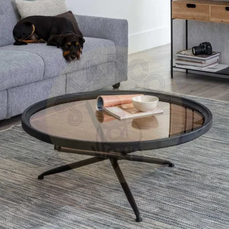 Mesa de centro negra en madera de abeto y hierro con tapa de cristal templado 100x100x40cm - Ixia - 613596IX - foto-secundaria-5