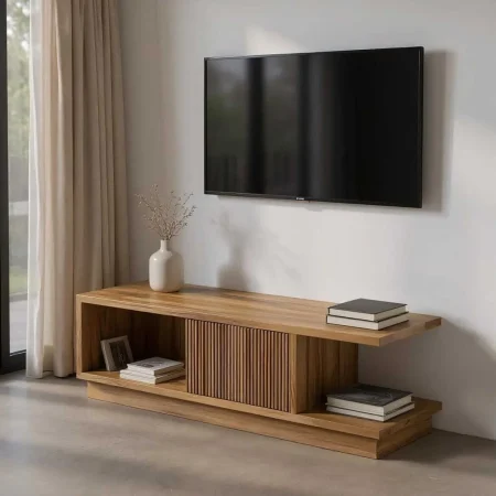 Mueble TV Bellamonte en madera de teca reciclada color natural - Ixia 135x35x39cm - Ixia - 614746IX - foto-blanco