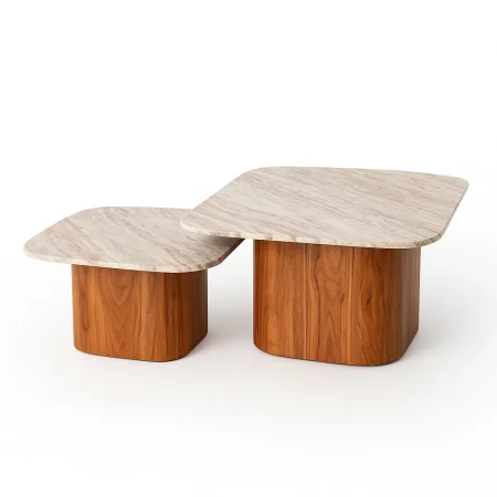 Set de 2 mesas de centro en madera y mármol para salón 100x100x41cm - Ixia - 614849IX - foto-blanco
