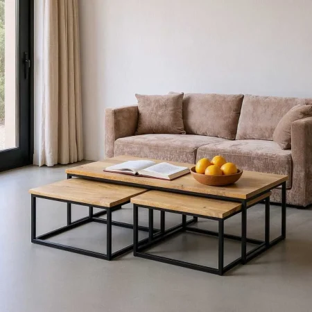 Set de 3 mesas de centro en madera de mango y metal color natural 130x60x40cm - Ixia - 615298IX - foto-blanco
