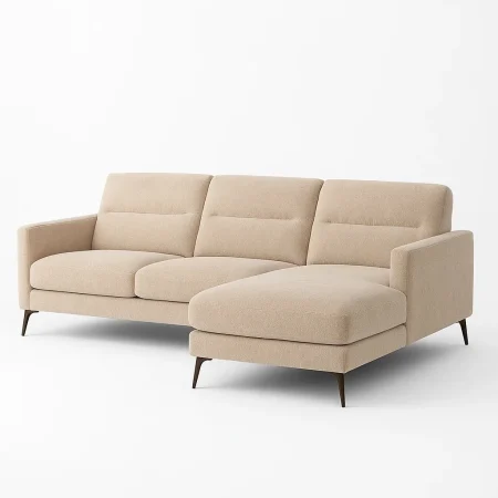 Sofá chaise longue crema tapizado en tejido poliéster estructura madera de eucalipto modelo derecha 238x160x87.50cm - Ixia - 615565IX - foto-blanco