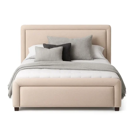 Cama tapizada beige para colchón con estructura de madera contrachapada y relleno de espuma 160x217x107cm - Ixia - 615676IX - foto-blanco