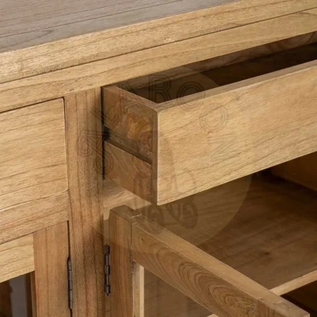 Aparador natural en madera de mindi con cristal para salón 140x40x89cm - Ixia - 616130IX - foto-secundaria-5