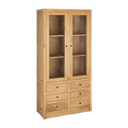 Vitrina de madera de mindi natural con puertas de cristal y cajones para salón 90x40x180cm - Ixia - 616132IX - foto-blanco