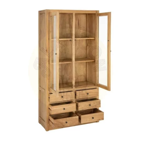 Vitrina de madera de mindi natural con puertas de cristal y cajones para salón 90x40x180cm - Ixia - 616132IX - foto-secundaria-1