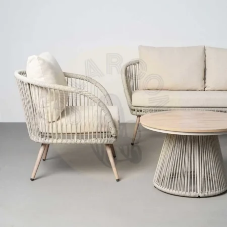 Conjunto jardín Duna en acero y ratán PE con sofá 2 sillones y mesa de centro con tablero polywood y tejido 100% olefina 1x0x0cm - Ixia - 616184IX - foto-secundaria-5