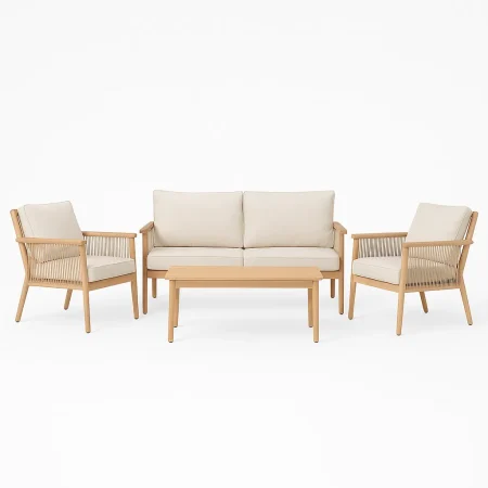Conjunto jardín Salina sofá 2 sillones y mesa centro acero y rattán PE con tablero de piedra sinterizada 1x0x0cm - Ixia - 616185IX - foto-blanco