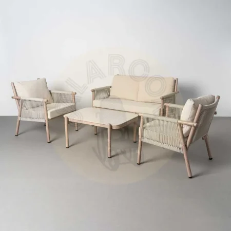 Conjunto jardín Salina sofá 2 sillones y mesa centro acero y rattán PE con tablero de piedra sinterizada 1x0x0cm - Ixia - 616185IX - foto-secundaria-14