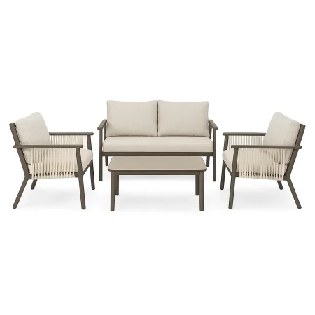 Conjunto de jardín Cala en acero y ratán PE con 1 sofá 2 sillones y mesa centro con tablero de piedra sinterizada y cojines desenfundables 1x0x0cm - Ixia - 616186IX - foto-blanco