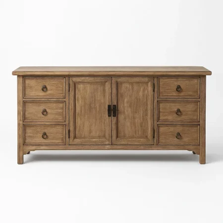 Aparador de madera de pino reciclada con cajones y puertas para salón 180x44x86cm - Ixia - 616207IX - foto-blanco