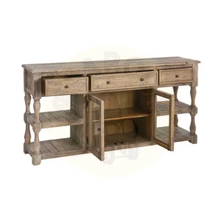 Aparador para salón en madera de pino reciclada y cristal con cajones y puertas 180x45x88cm - Ixia - 616222IX - foto-secundaria-1